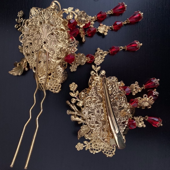 Wedding Gold Butterfly Red flower Hair Accessories main image 4